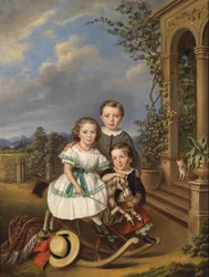 Retratos de tres niños frente a un pabellón de jardín